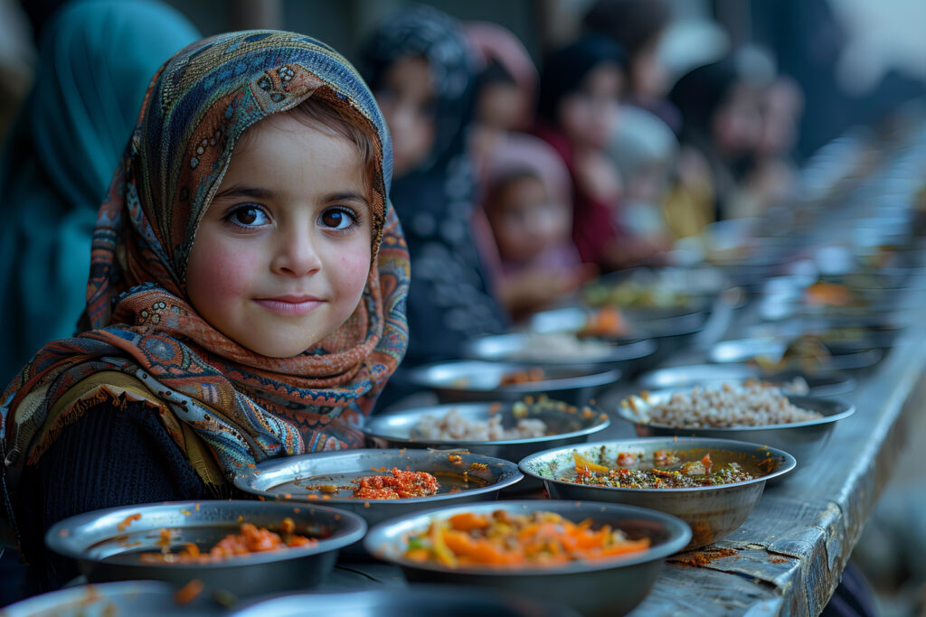 women eat food at a table in a mosque in dubai dhafram, in the style of light black and gold, celebration of rural life, light navy and orange, captured essence of the moment, kidcore, childlike innocence and charm, street savvy, --ar 3:2 --style raw --stylize 750